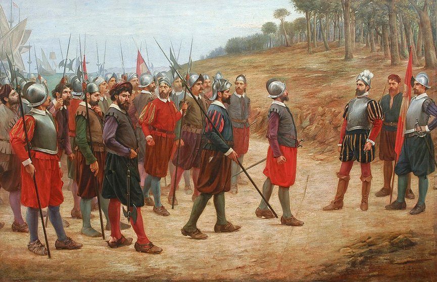 Pizarro y los trece de la fama en la isla del Gallo. Óleo de Juan B. lEPIANI