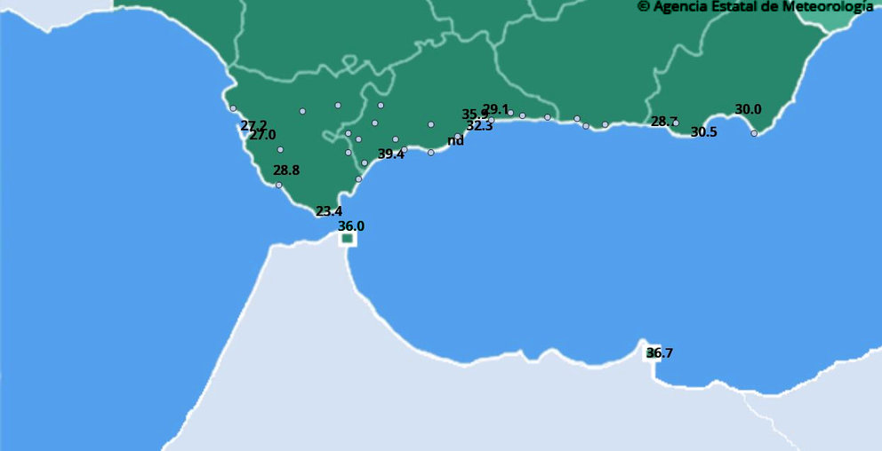 El mapa de la Agencia Estatal de Meteorología muestra la temperatura máxima en Ceuta, registrada a las 16.00 _ AEMET